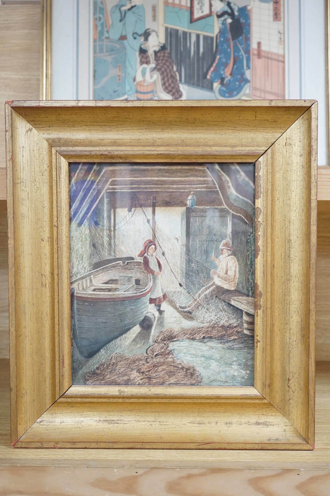 19th century, Naïve Cornish school, watercolour, Fisherman mending nets, unsigned, 29 x 34cm. Condition - fair to good